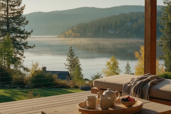 Wooden deck with tea service overlooking calm lake, forested mountains, and distant houses in autumn