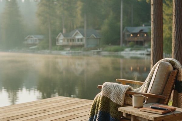 Wooden deck with Adirondack chair draped in blanket overlooking misty lake and forest cabins
