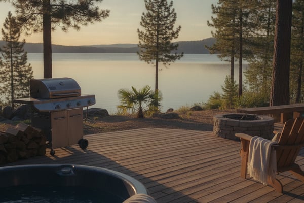 Lakeside deck with grill, hot tub, fire pit, and Adirondack chairs overlooking calm water and pine forest