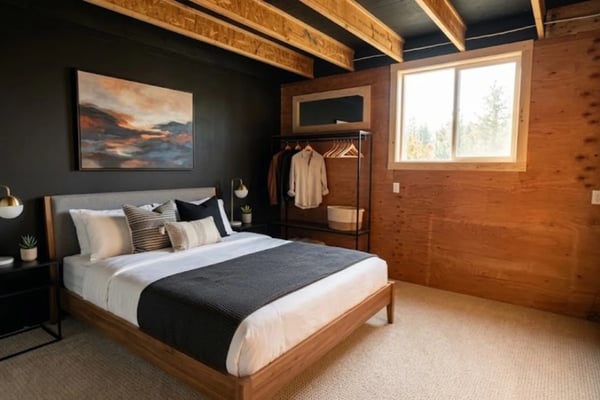 Modern cabin bedroom with wood beams, dark accent wall, queen bed, and large windows overlooking forest