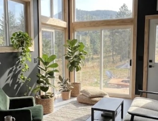 Modern living room with large windows overlooking forested mountains, potted plants on windowsill, green armchair and cream sofa.